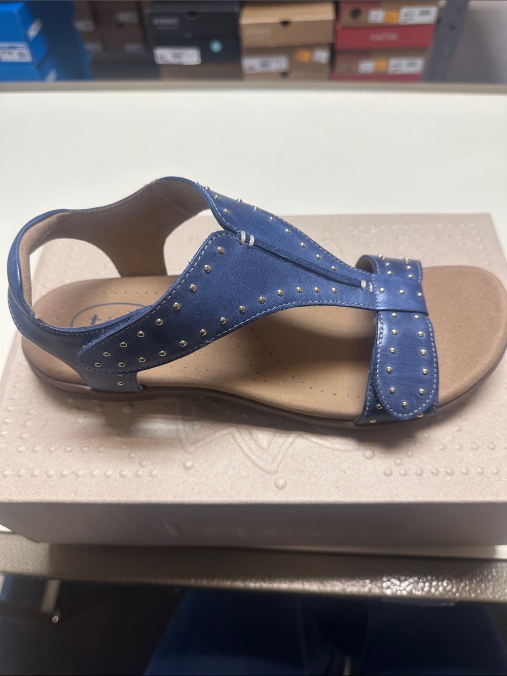 Taos Show Stopper Dark Blue Studded T-strap Slingback Sandals - Picture 8 of 9